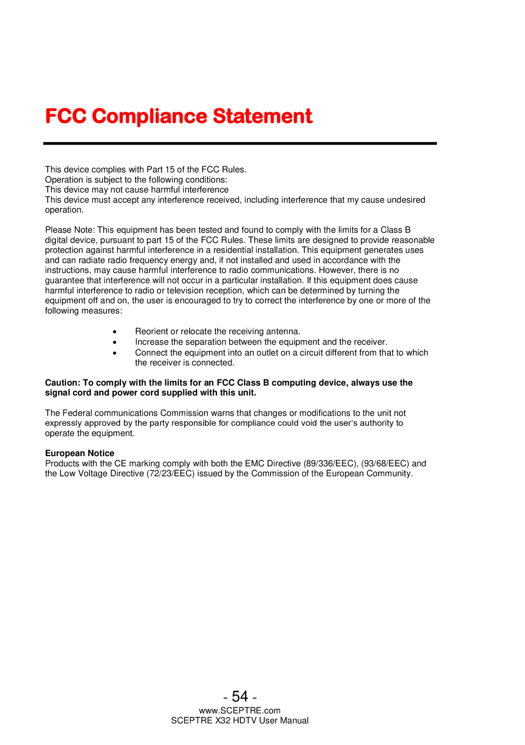 Sceptre Technologies x32 user manual FCC Compliance Statement, European Notice 