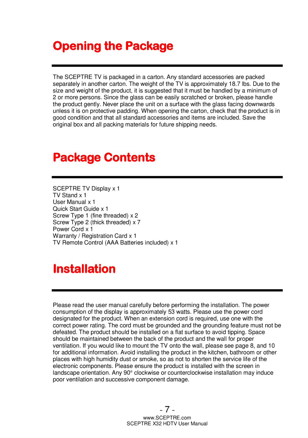 Sceptre Technologies x32 user manual Opening the Package, Package Contents, Installation 