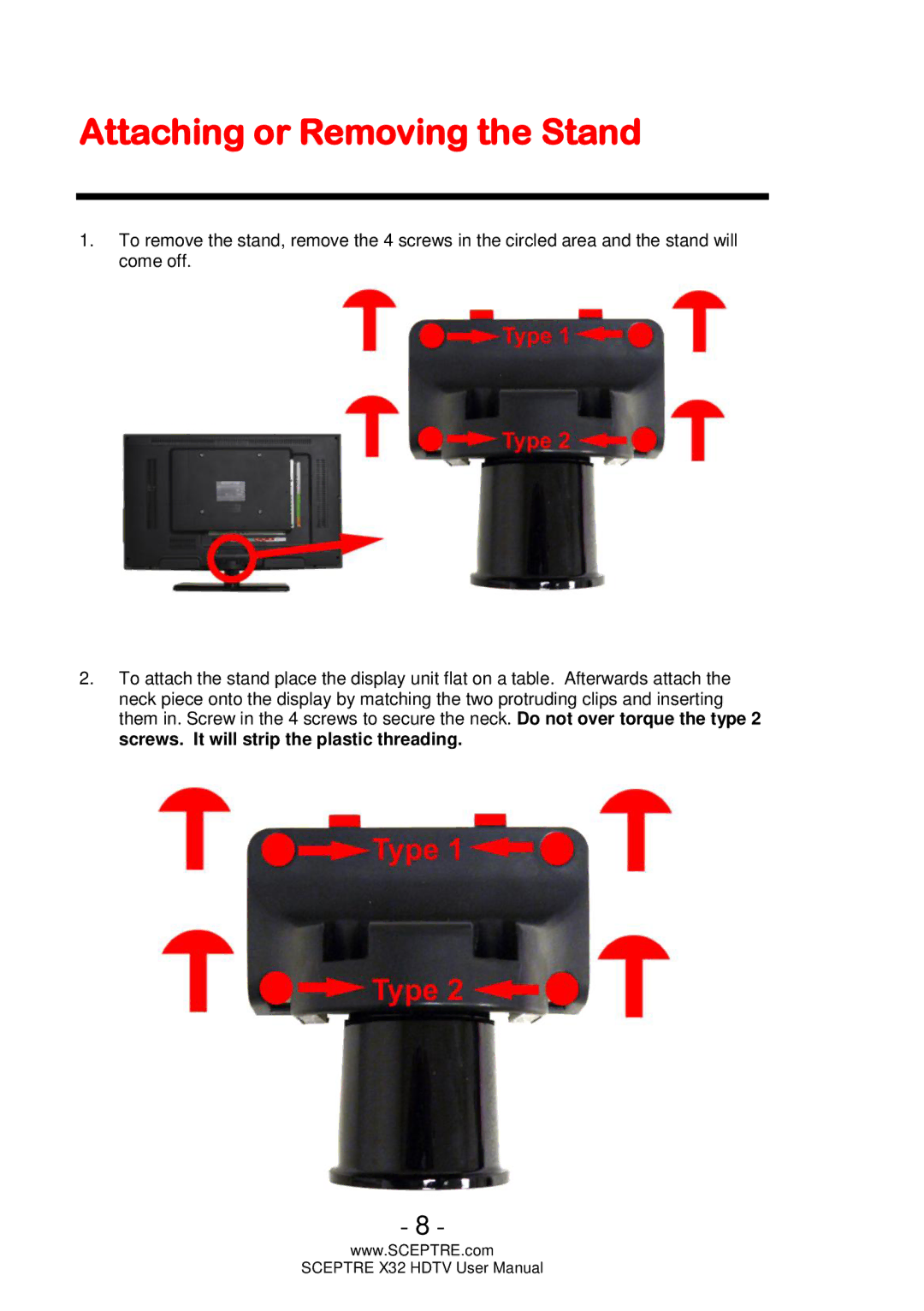 Sceptre Technologies x32 user manual Attaching or Removing the Stand 