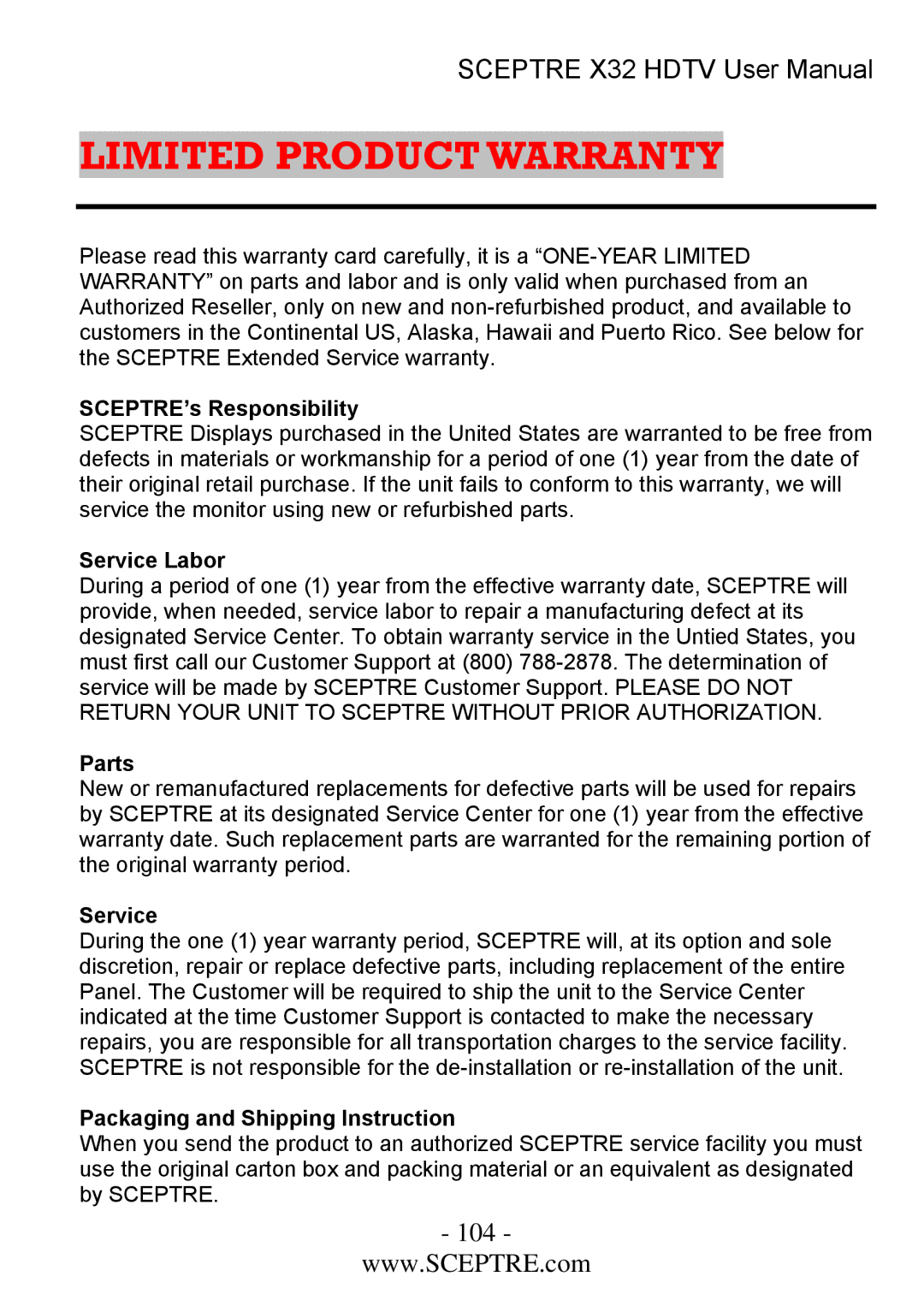 Sceptre Technologies x32 user manual SCEPTRE’s Responsibility, Service Labor, Parts, Packaging and Shipping Instruction 