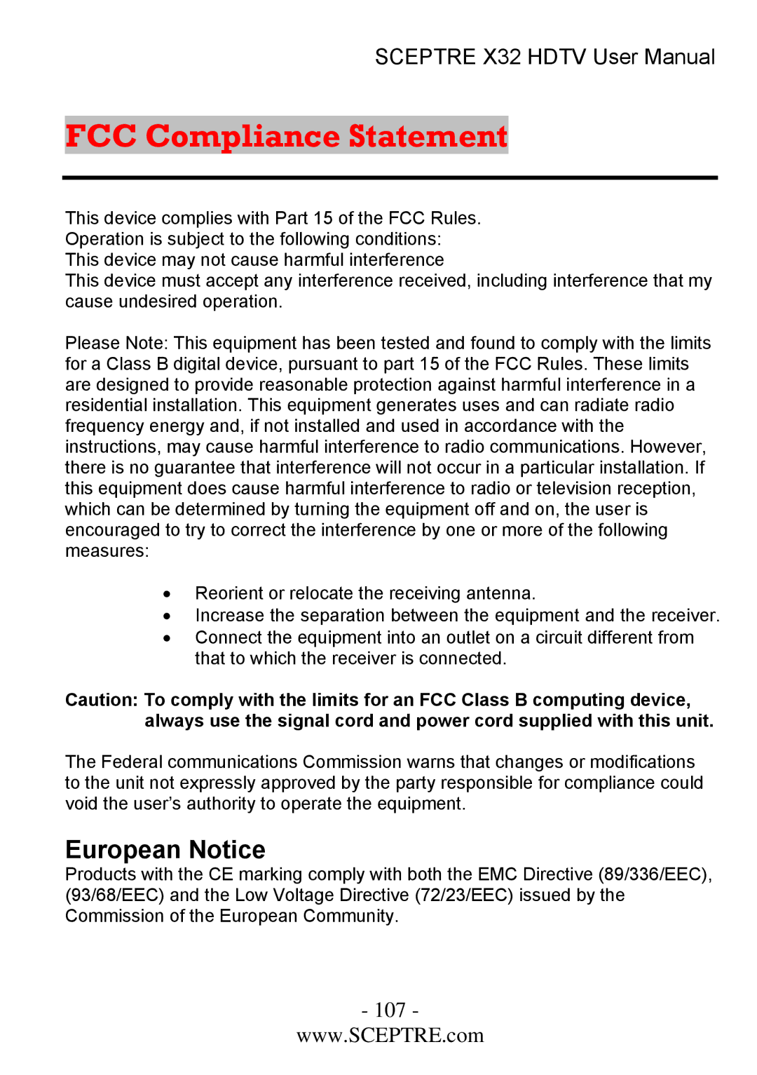 Sceptre Technologies x32 user manual FCC Compliance Statement, European Notice 