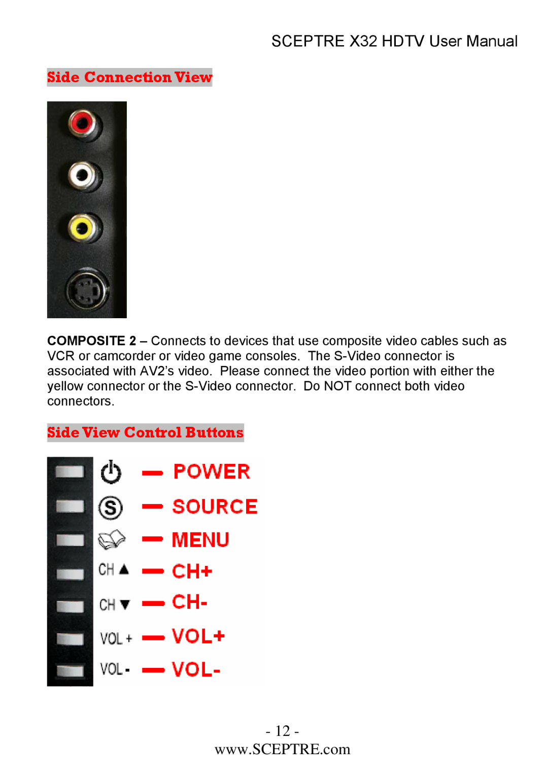 Sceptre Technologies x32 user manual Side Connection View, Side View Control Buttons 