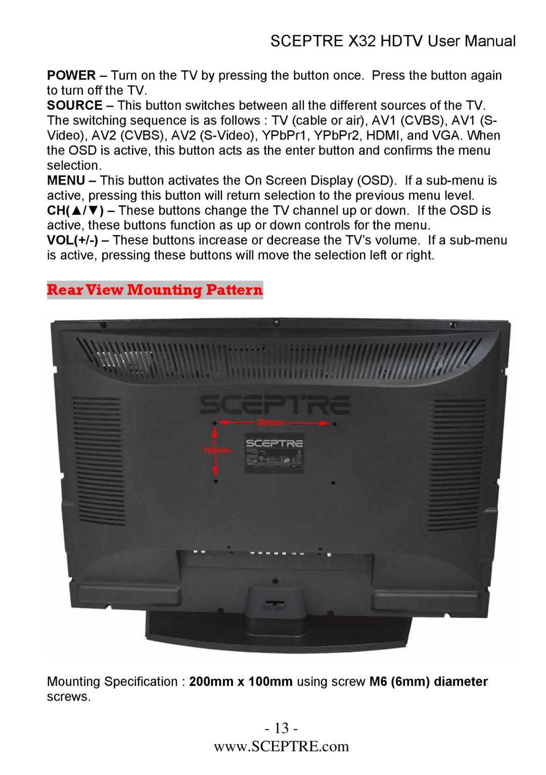 Sceptre Technologies x32 user manual Rear View Mounting Pattern 