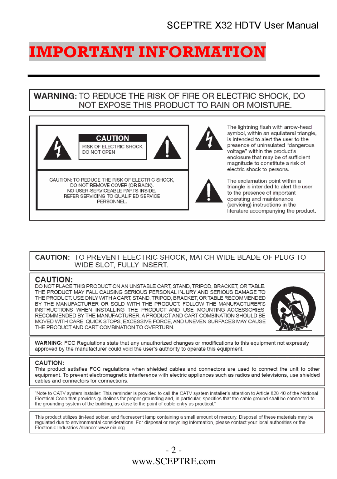 Sceptre Technologies x32 user manual Important Information 