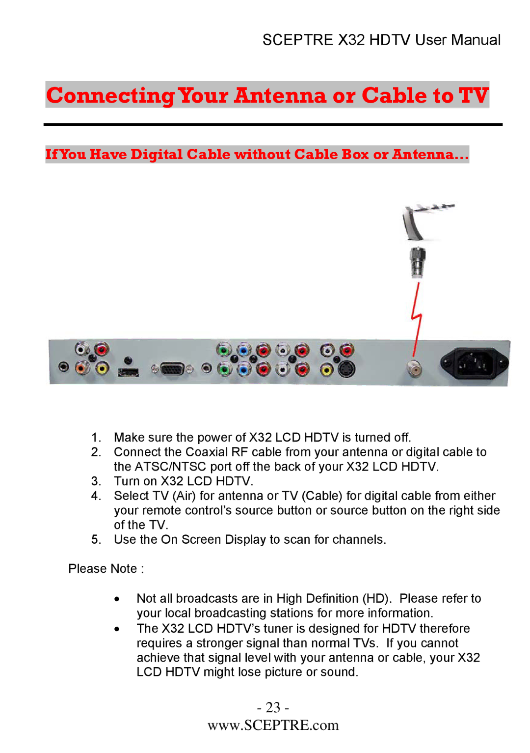 Sceptre Technologies x32 Connecting Your Antenna or Cable to TV, If You Have Digital Cable without Cable Box or Antenna… 