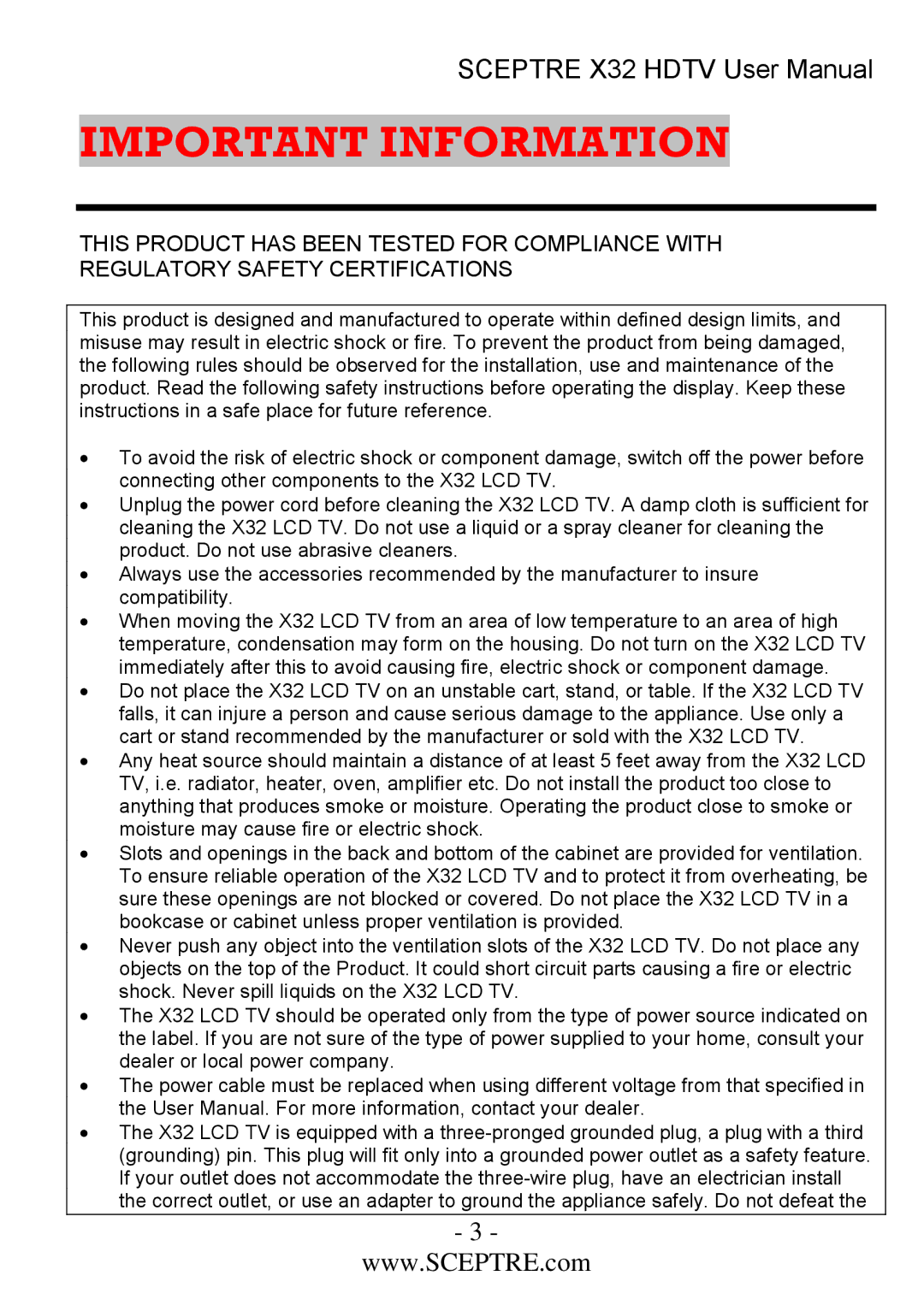 Sceptre Technologies x32 user manual Important Information 