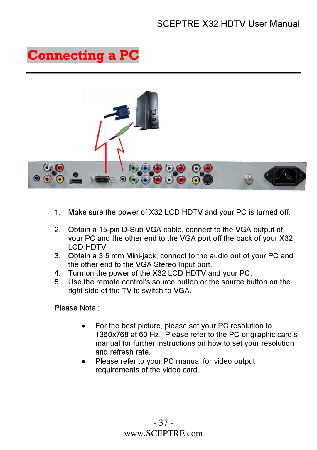 Sceptre Technologies x32 user manual Connecting a PC 