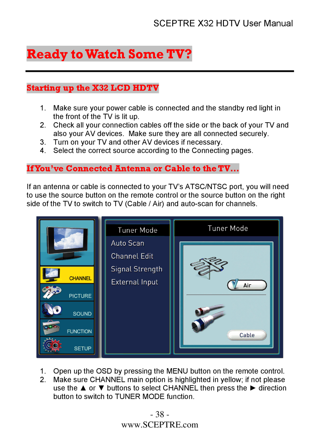 Sceptre Technologies x32 user manual Ready to Watch Some TV?, Starting up the X32 LCD Hdtv 