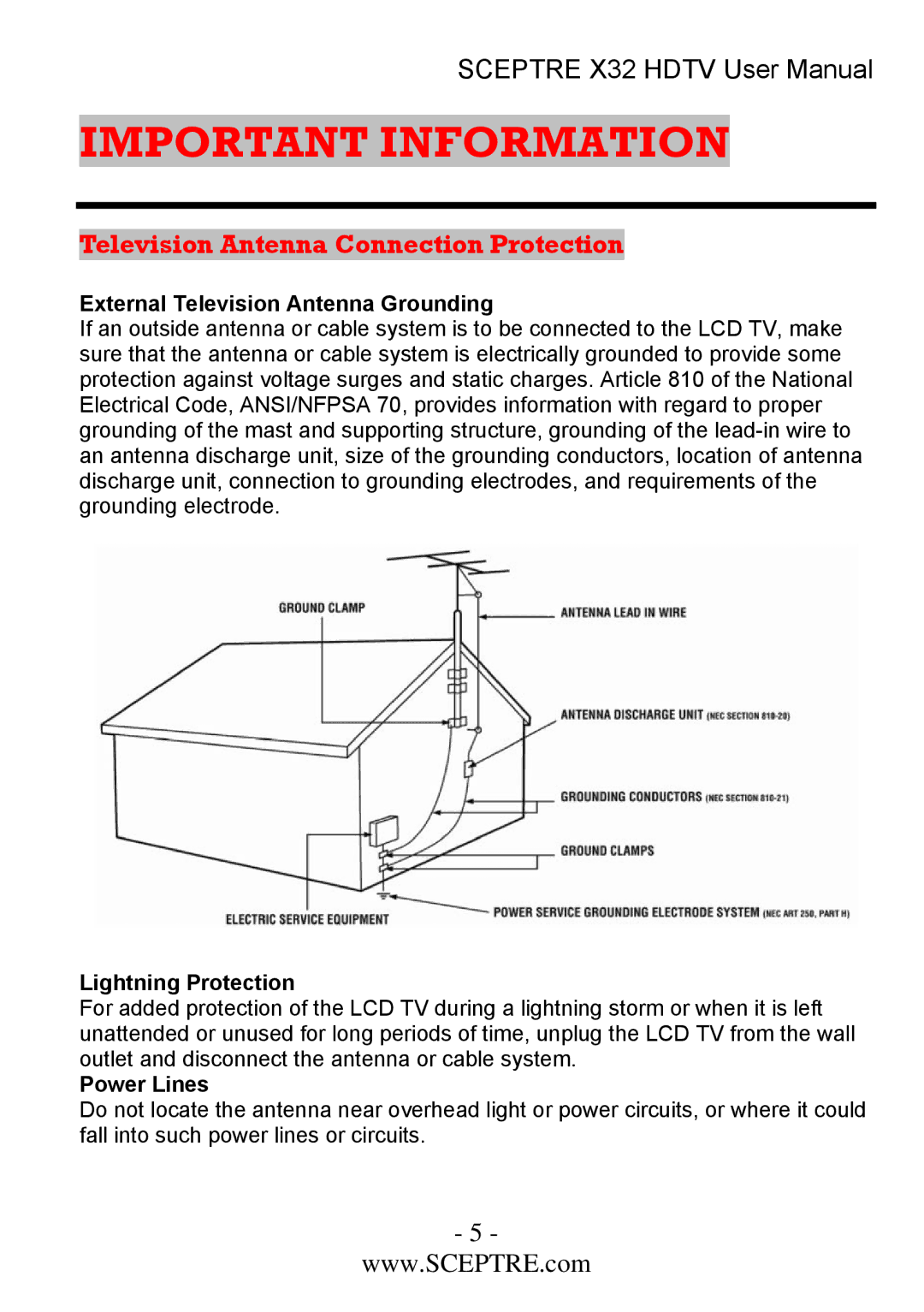 Sceptre Technologies x32 Television Antenna Connection Protection, External Television Antenna Grounding, Power Lines 