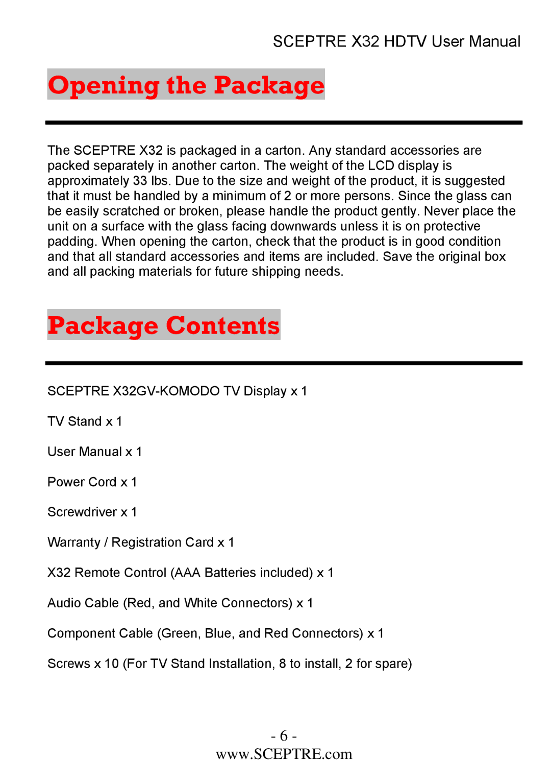 Sceptre Technologies x32 user manual Opening the Package 