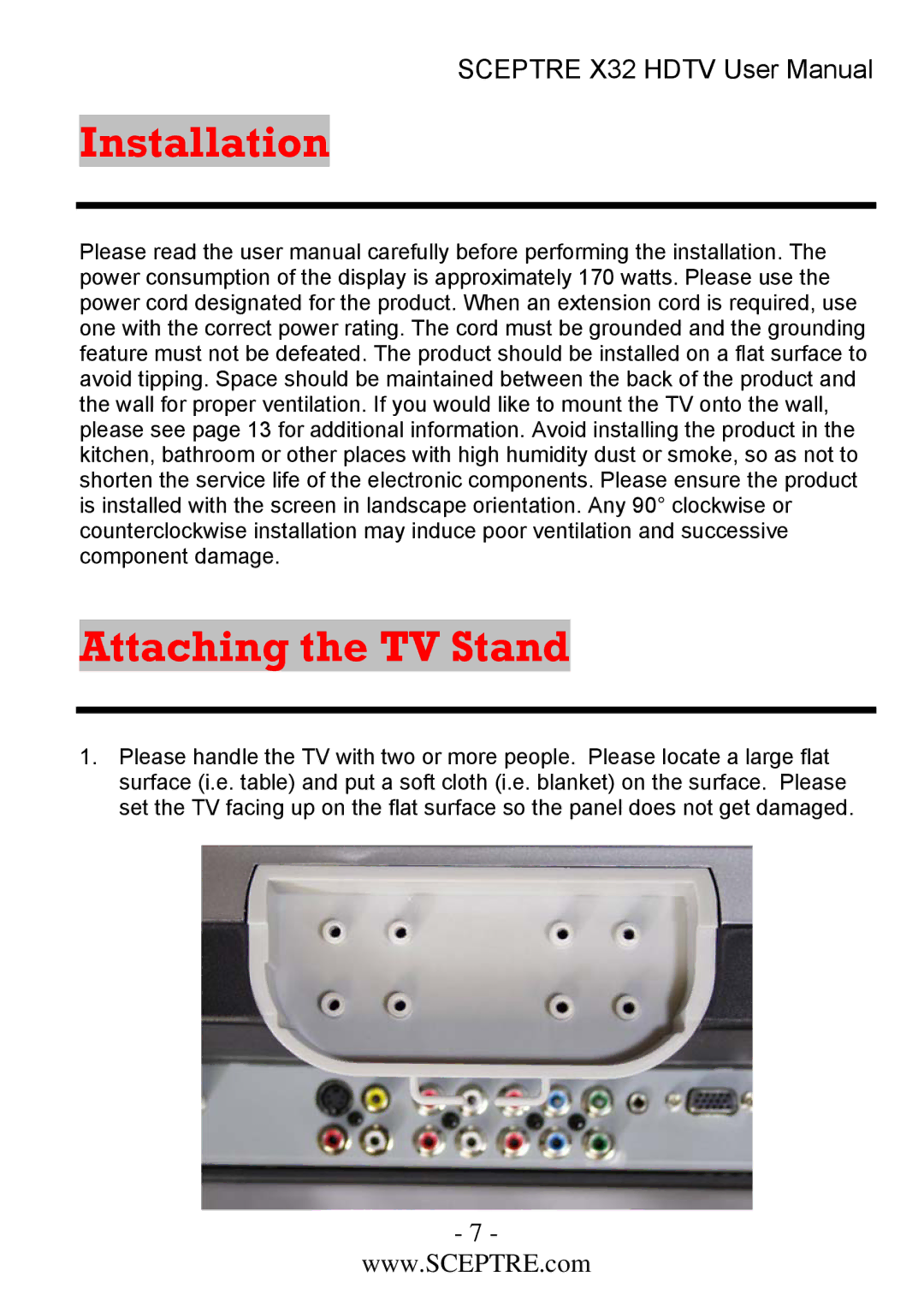 Sceptre Technologies x32 user manual Installation Attaching the TV Stand 