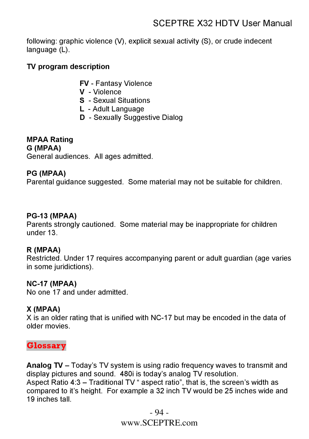 Sceptre Technologies x32 user manual Glossary, TV program description, Mpaa Rating, PG-13 Mpaa, NC-17 Mpaa 