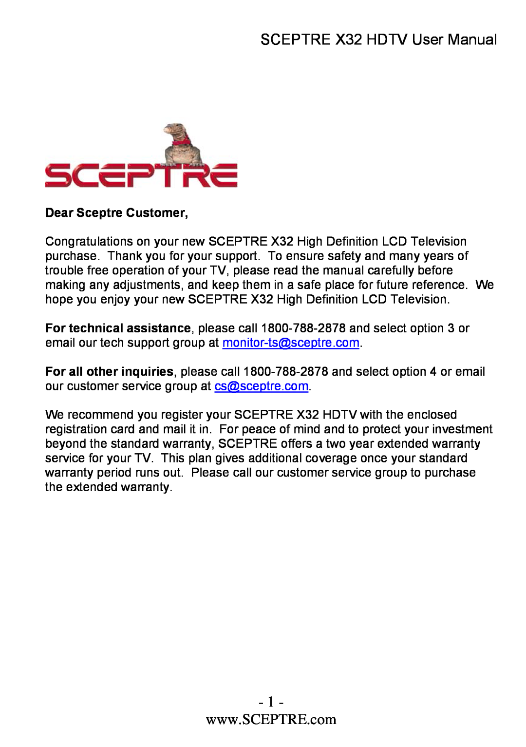 Sceptre Technologies x32 user manual SCEPTRE X32 HDTV User Manual, Dear Sceptre Customer 
