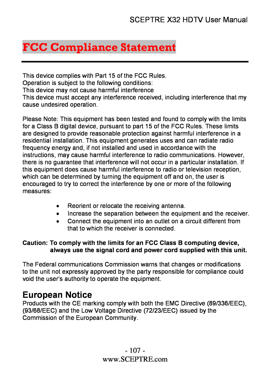 Sceptre Technologies x32 user manual FCC Compliance Statement, European Notice, SCEPTRE X32 HDTV User Manual 