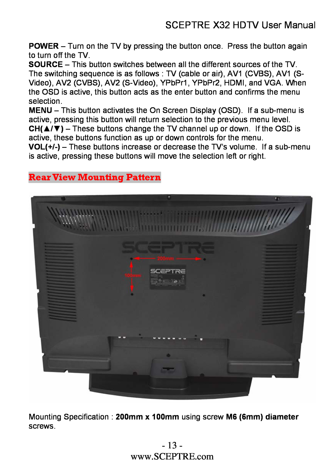 Sceptre Technologies x32 user manual Rear View Mounting Pattern, SCEPTRE X32 HDTV User Manual 