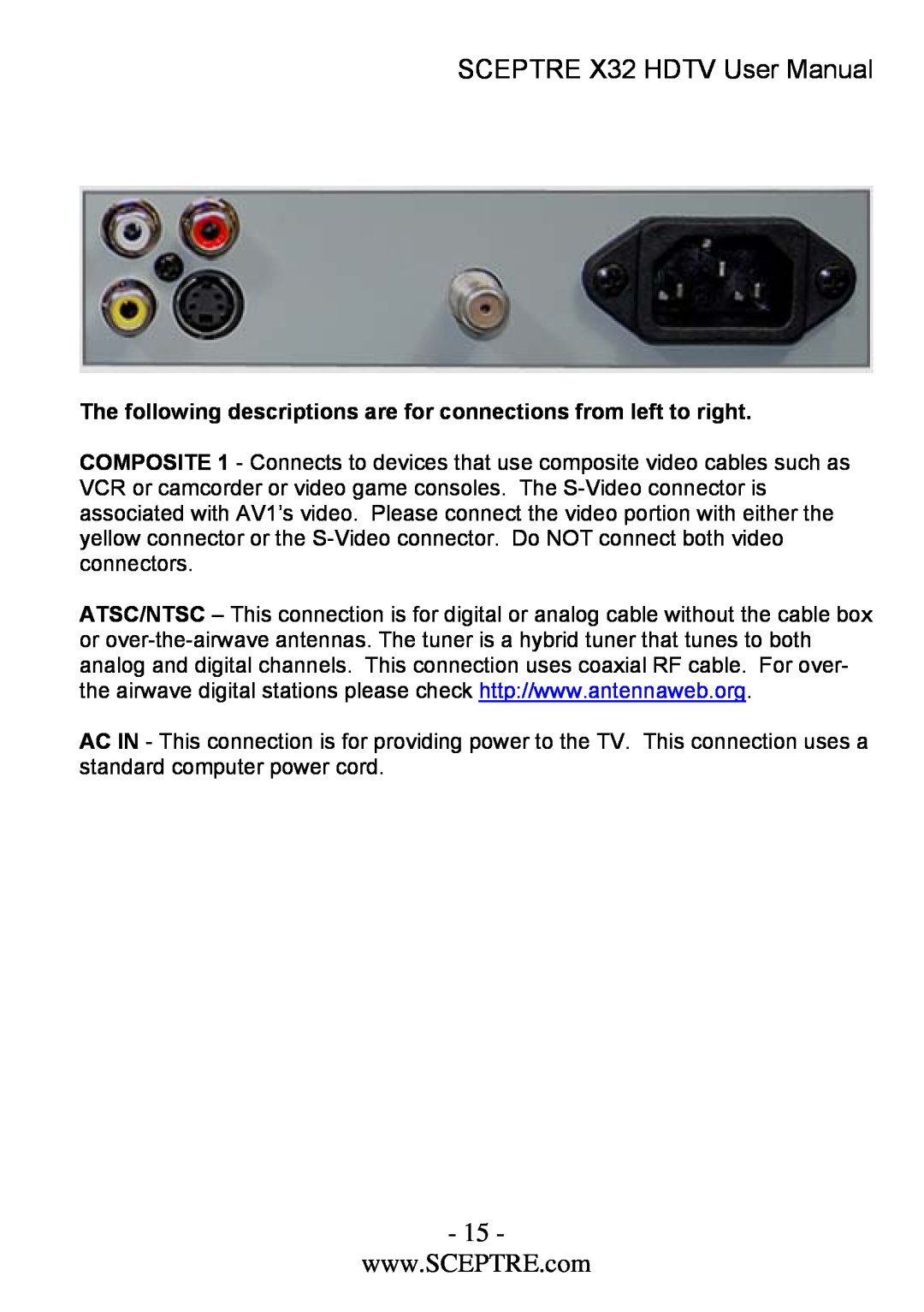 Sceptre Technologies x32 SCEPTRE X32 HDTV User Manual, The following descriptions are for connections from left to right 