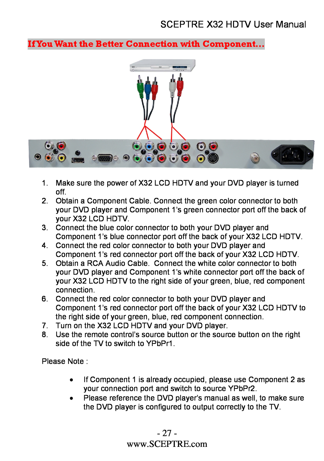 Sceptre Technologies x32 user manual If You Want the Better Connection with Component…, SCEPTRE X32 HDTV User Manual 