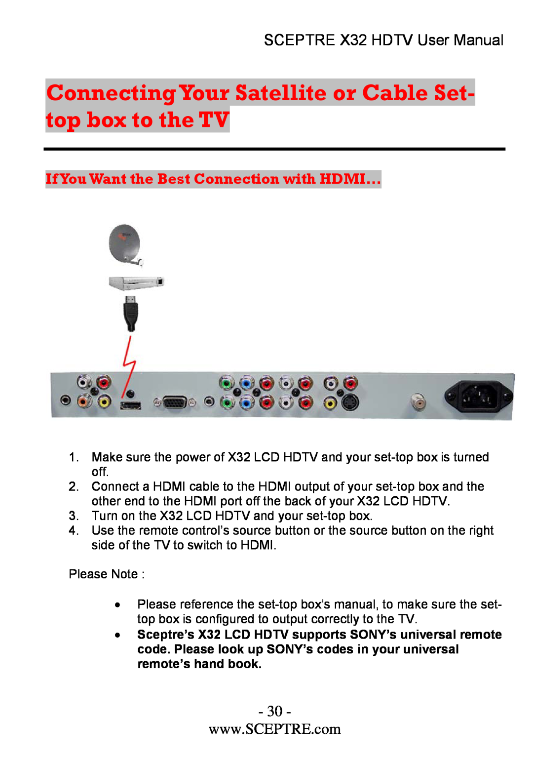 Sceptre Technologies x32 Connecting Your Satellite or Cable Set- top box to the TV, SCEPTRE X32 HDTV User Manual 