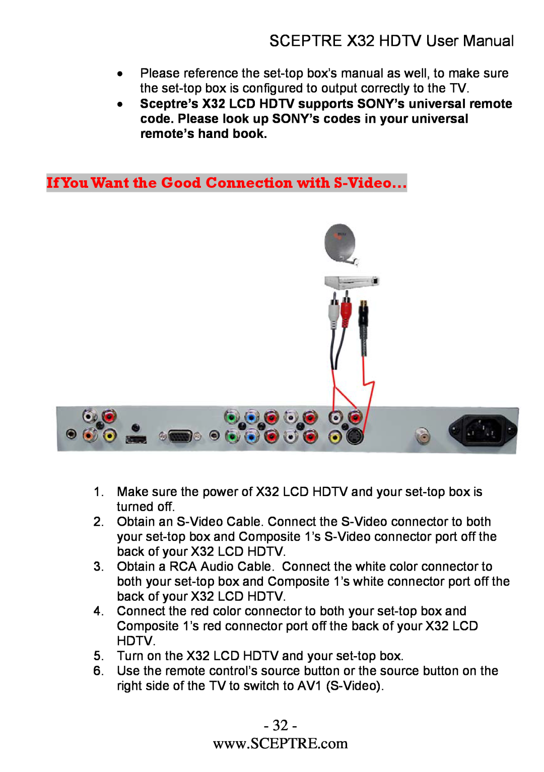 Sceptre Technologies x32 user manual SCEPTRE X32 HDTV User Manual, If You Want the Good Connection with S-Video… 