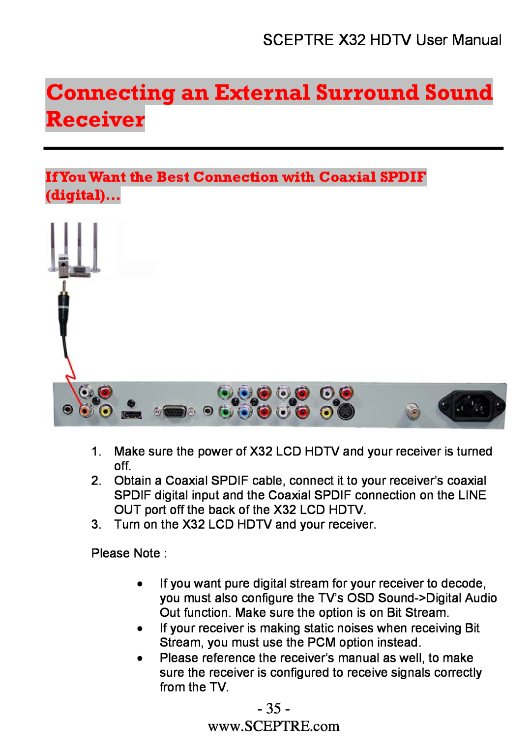 Sceptre Technologies x32 user manual Connecting an External Surround Sound Receiver, SCEPTRE X32 HDTV User Manual 