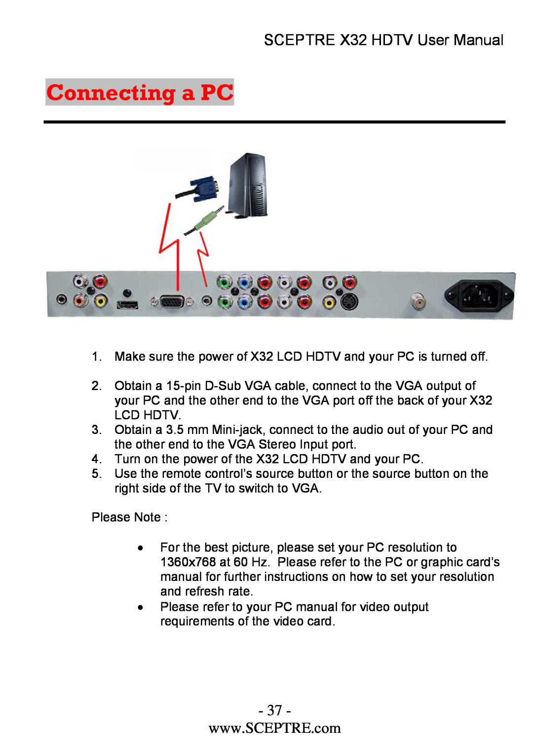 Sceptre Technologies x32 user manual Connecting a PC, SCEPTRE X32 HDTV User Manual 