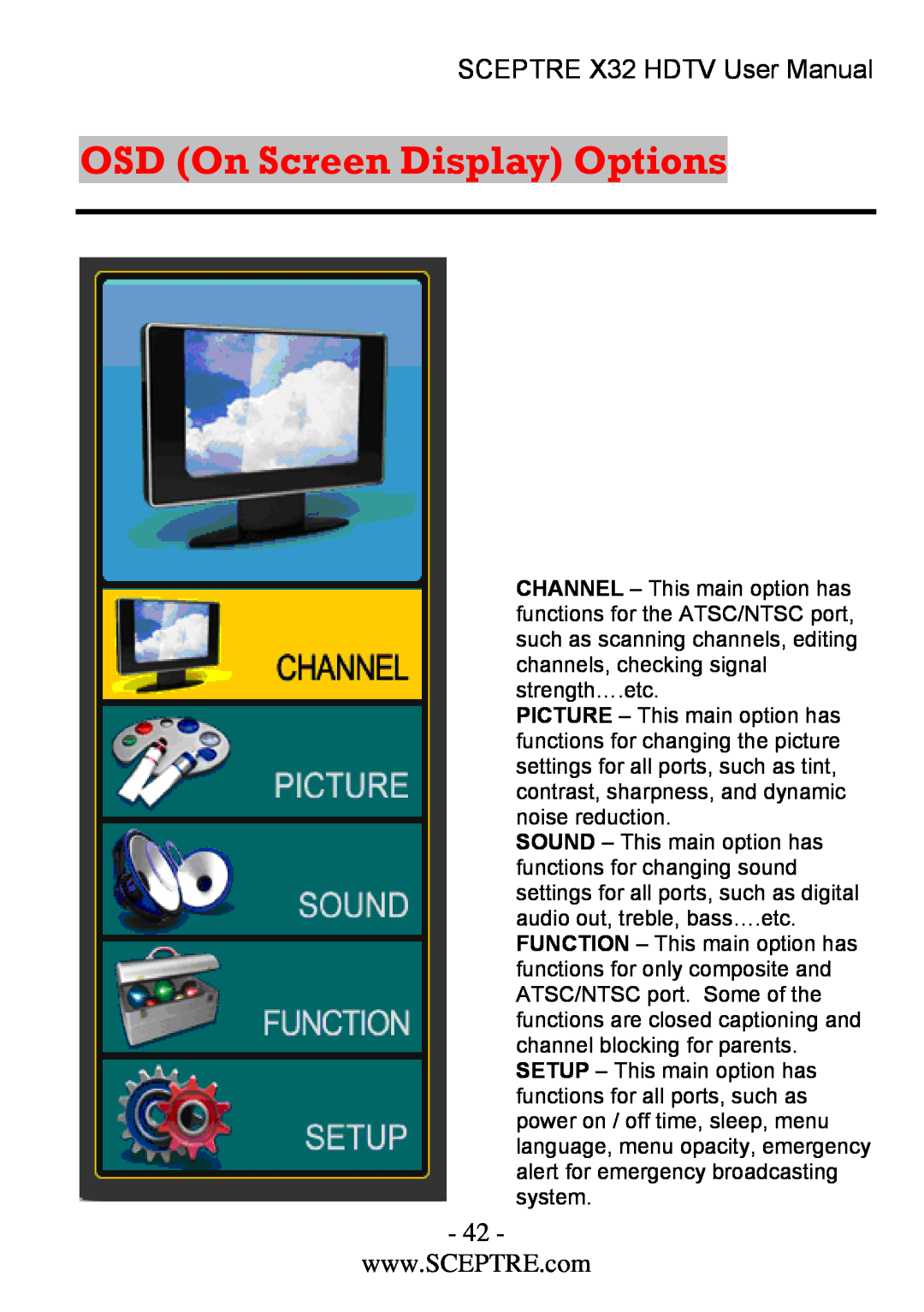 Sceptre Technologies x32 user manual OSD On Screen Display Options, SCEPTRE X32 HDTV User Manual 