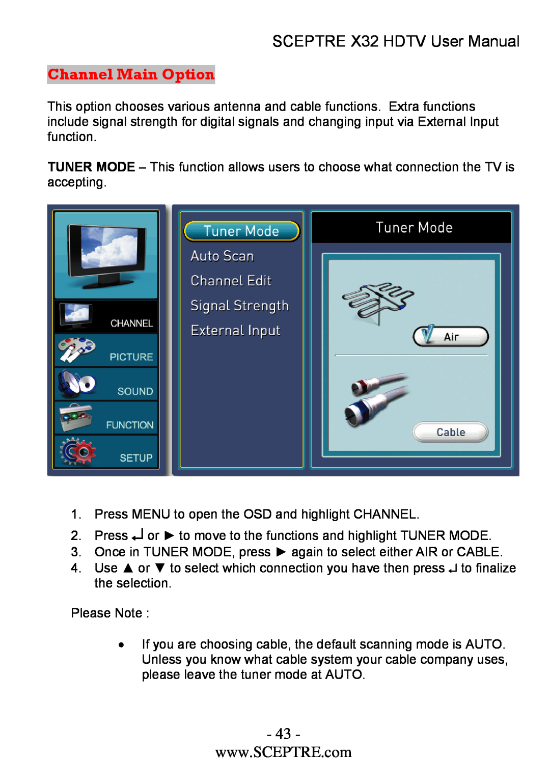 Sceptre Technologies x32 user manual Channel Main Option, SCEPTRE X32 HDTV User Manual 