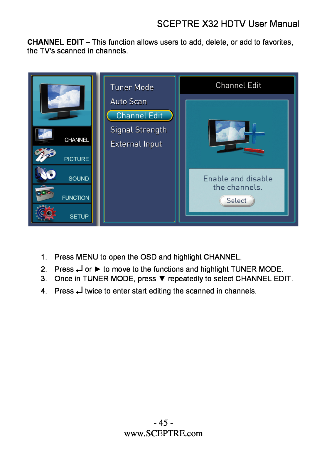 Sceptre Technologies x32 user manual SCEPTRE X32 HDTV User Manual, Press MENU to open the OSD and highlight CHANNEL 