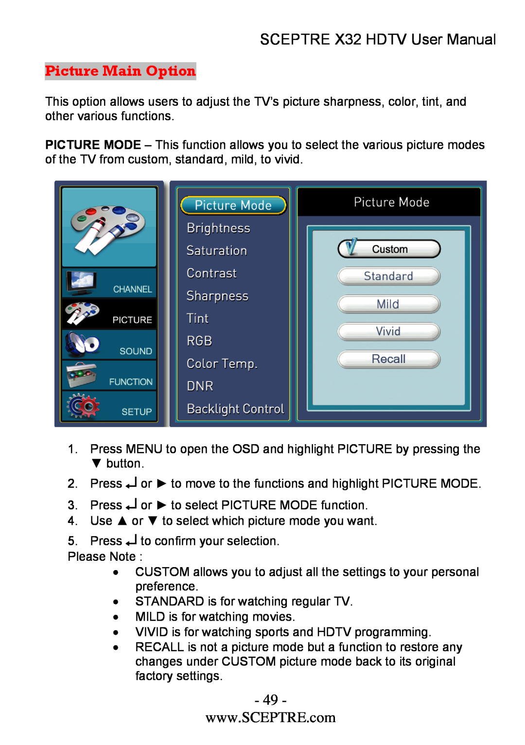 Sceptre Technologies x32 user manual Picture Main Option, SCEPTRE X32 HDTV User Manual 