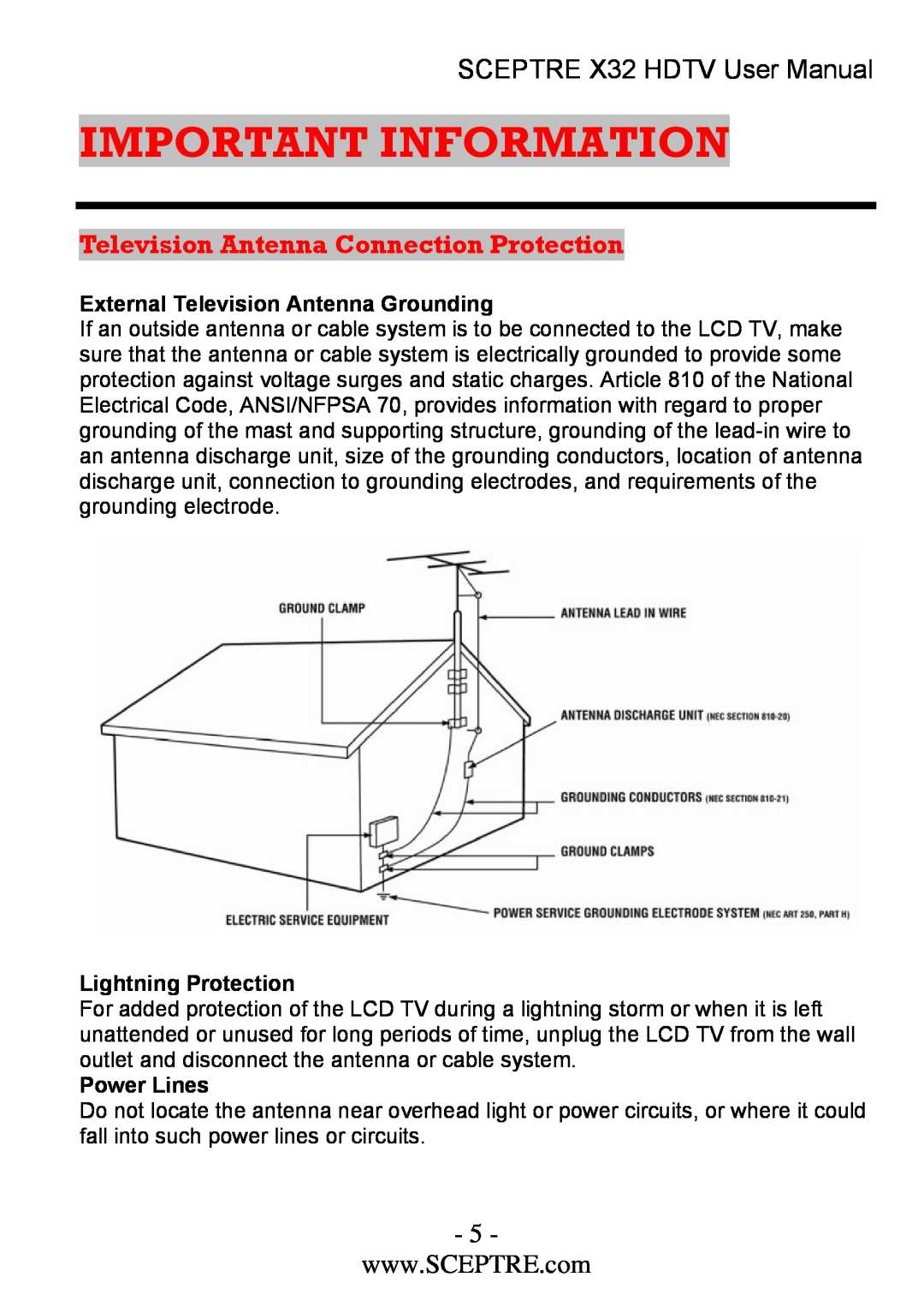 Sceptre Technologies x32 Television Antenna Connection Protection, Important Information, SCEPTRE X32 HDTV User Manual 