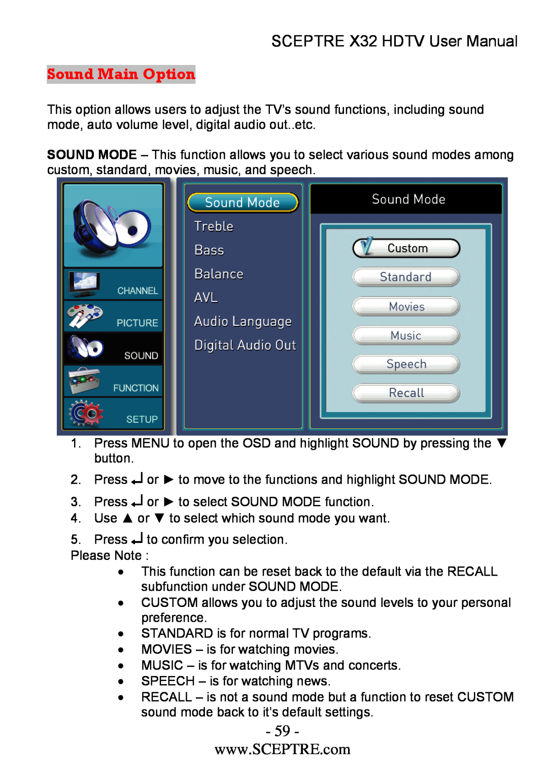 Sceptre Technologies x32 user manual Sound Main Option, SCEPTRE X32 HDTV User Manual 