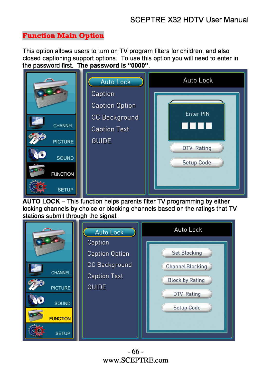 Sceptre Technologies x32 user manual Function Main Option, SCEPTRE X32 HDTV User Manual 