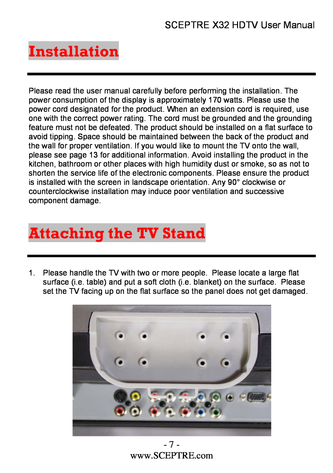 Sceptre Technologies x32 user manual Installation, Attaching the TV Stand, SCEPTRE X32 HDTV User Manual 