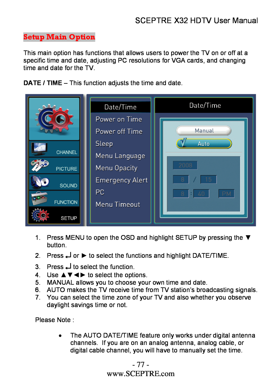 Sceptre Technologies x32 user manual Setup Main Option, SCEPTRE X32 HDTV User Manual 