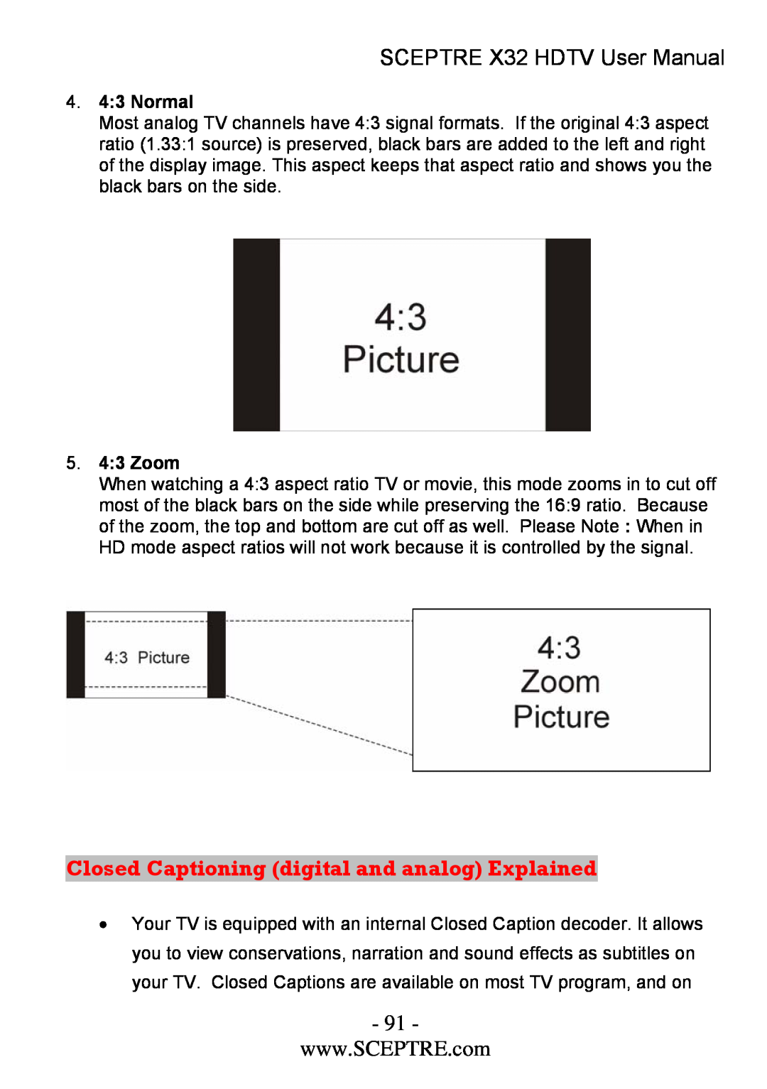 Sceptre Technologies x32 Closed Captioning digital and analog Explained, SCEPTRE X32 HDTV User Manual, 4. 43 Normal 