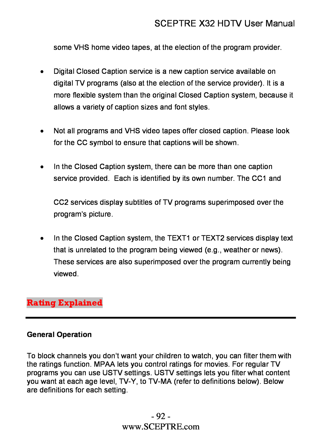 Sceptre Technologies x32 user manual Rating Explained, SCEPTRE X32 HDTV User Manual, General Operation 