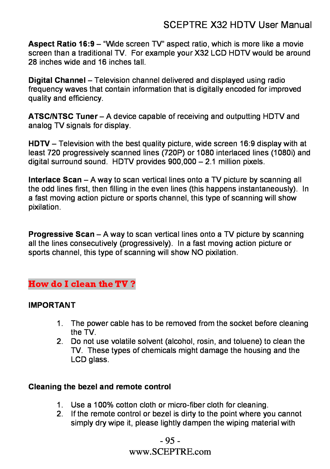 Sceptre Technologies x32 How do I clean the TV ?, SCEPTRE X32 HDTV User Manual, Cleaning the bezel and remote control 