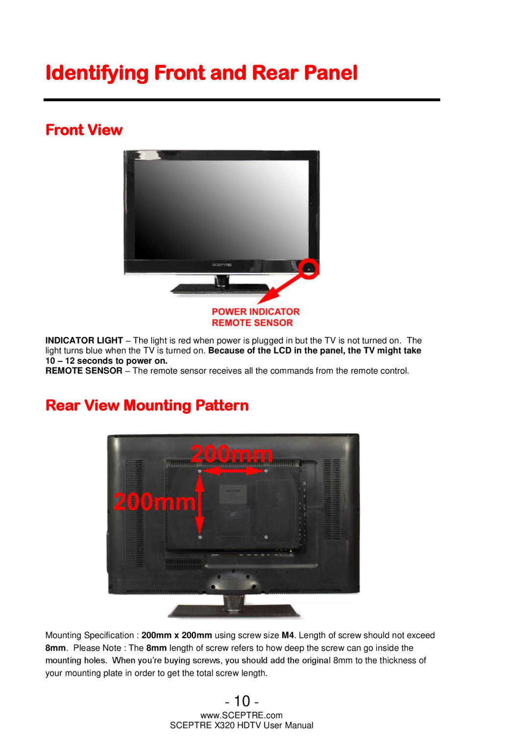 Sceptre Technologies X320 user manual Identifying Front and Rear Panel, Front View, Rear View Mounting Pattern 