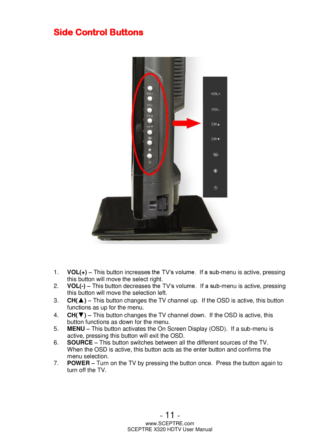 Sceptre Technologies X320 user manual Side Control Buttons 