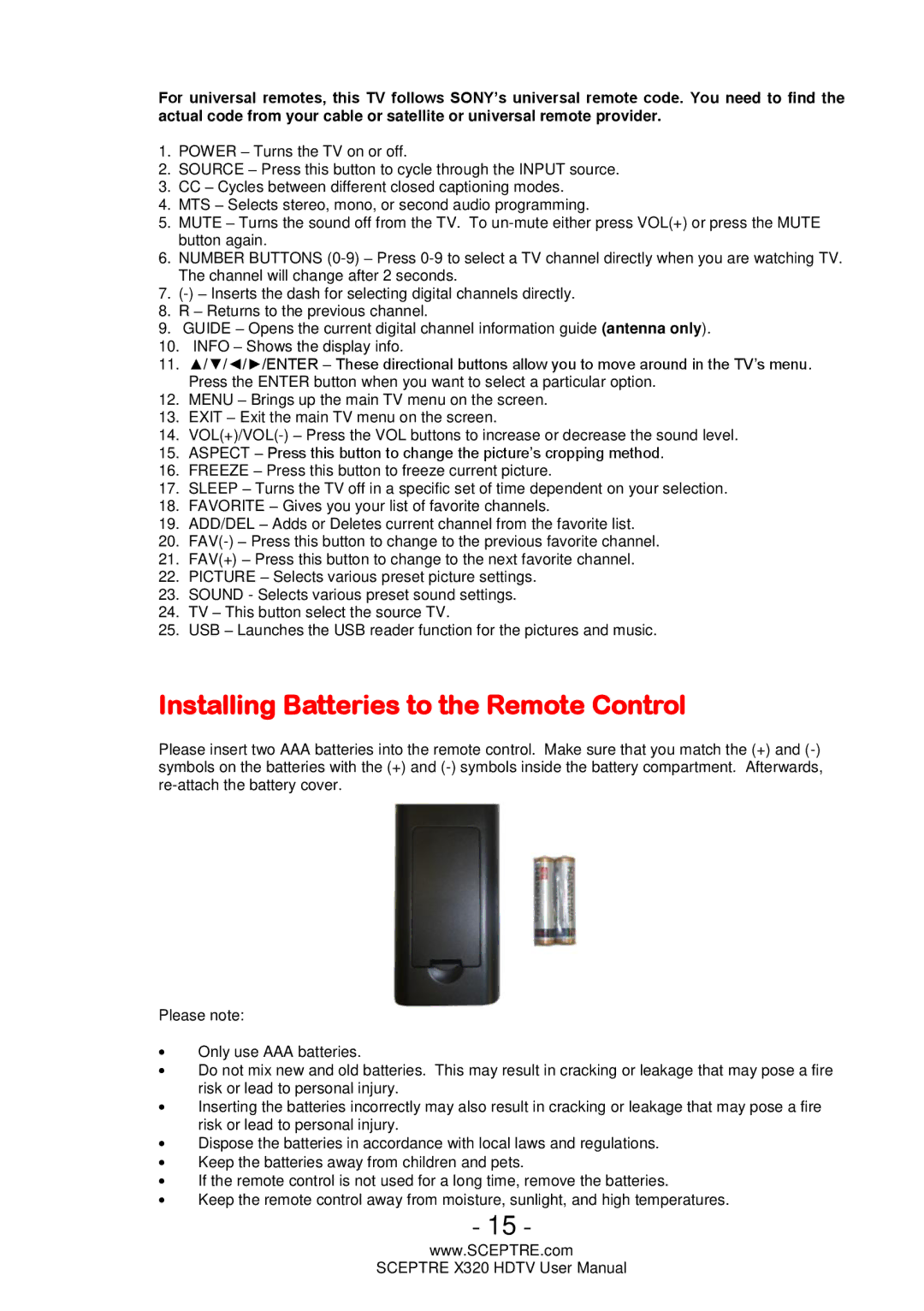 Sceptre Technologies X320 user manual Installing Batteries to the Remote Control 