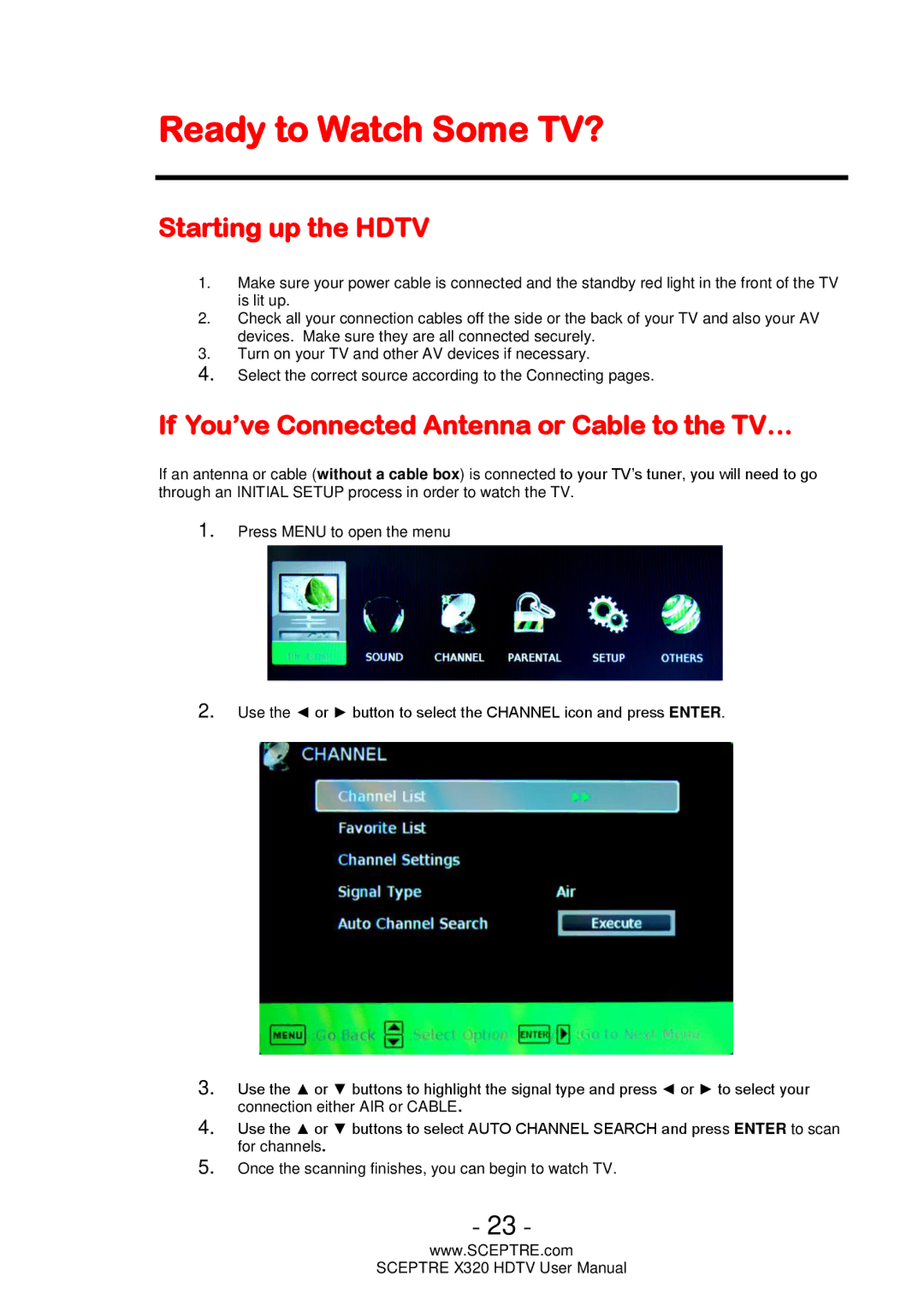 Sceptre Technologies X320 Ready to Watch Some TV?, Starting up the Hdtv, If You’ve Connected Antenna or Cable to the TV… 