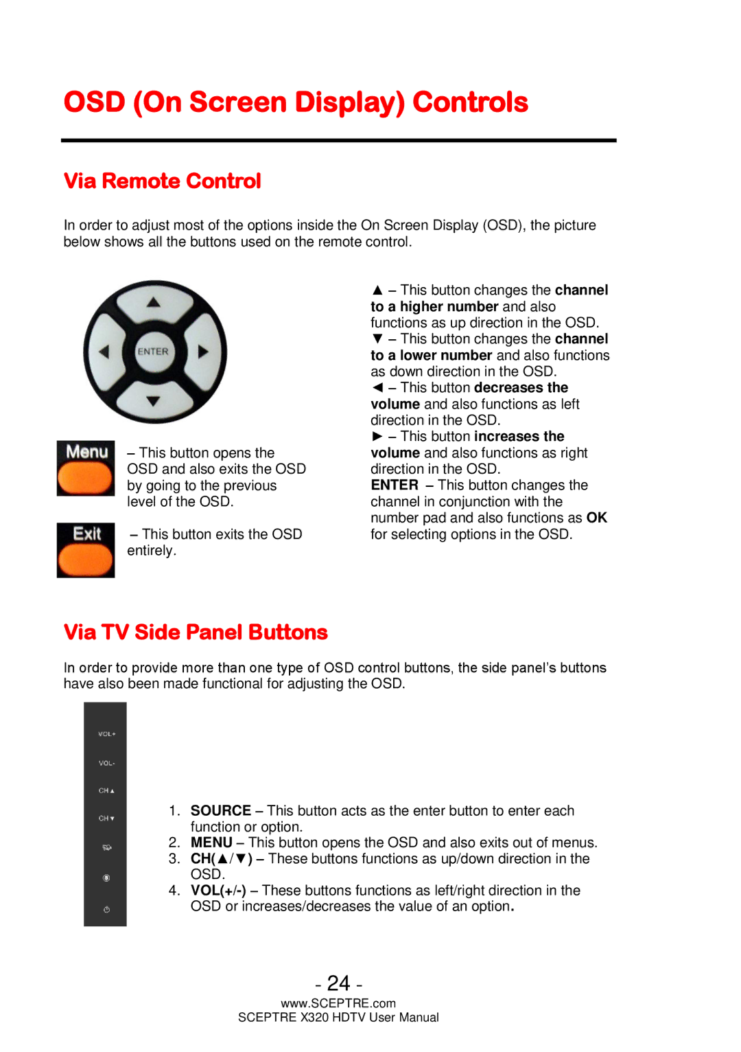 Sceptre Technologies X320 user manual OSD On Screen Display Controls, Via Remote Control, Via TV Side Panel Buttons 