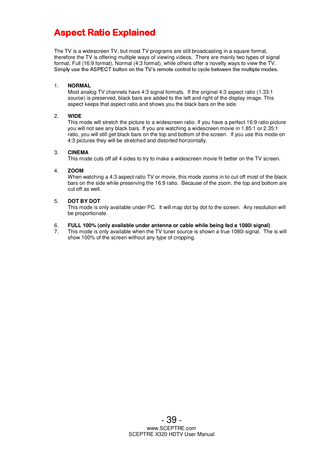 Sceptre Technologies X320 user manual Aspect Ratio Explained, Normal 