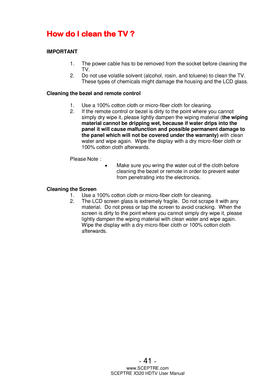 Sceptre Technologies X320 user manual How do I clean the TV ?, Cleaning the bezel and remote control 