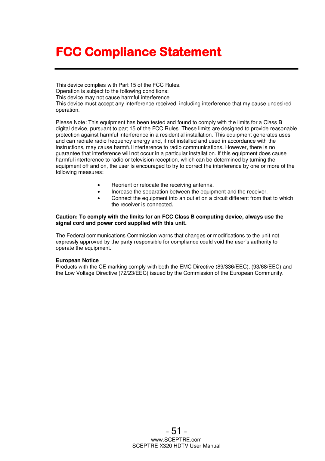 Sceptre Technologies X320 user manual FCC Compliance Statement, European Notice 