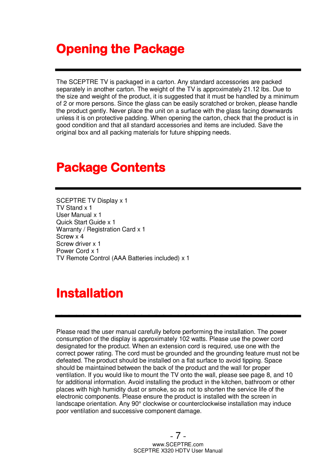 Sceptre Technologies X320 user manual Opening the Package, Package Contents, Installation 