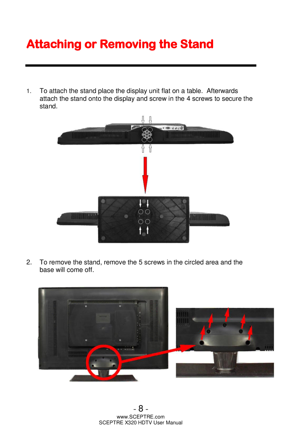 Sceptre Technologies X320 user manual Attaching or Removing the Stand 