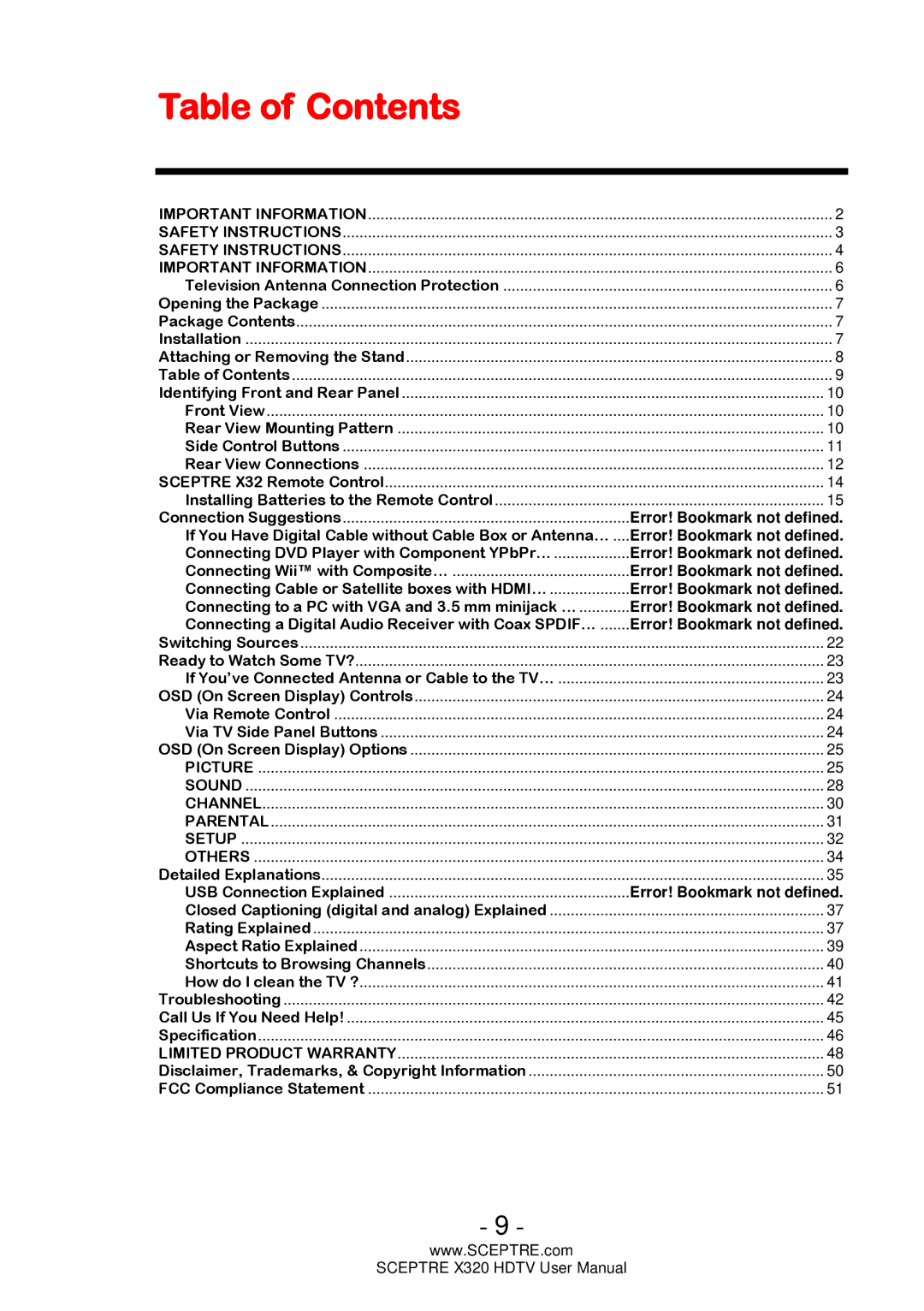 Sceptre Technologies X320 user manual Table of Contents 