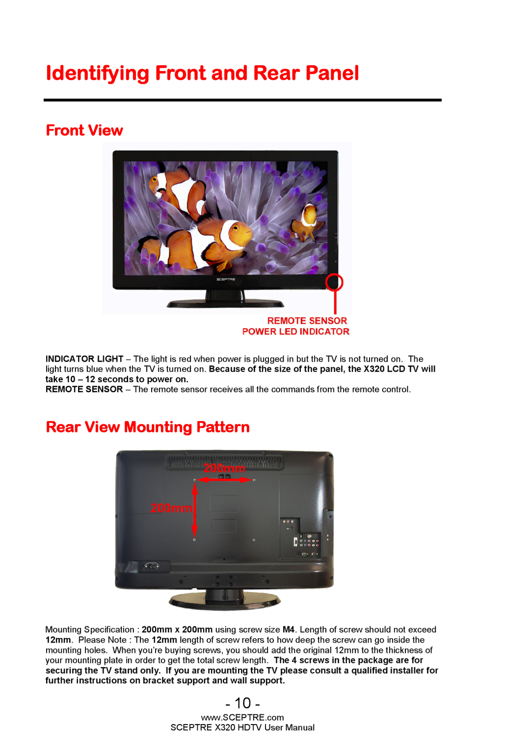 Sceptre Technologies X320 user manual Identifying Front and Rear Panel, Front View, Rear View Mounting Pattern 