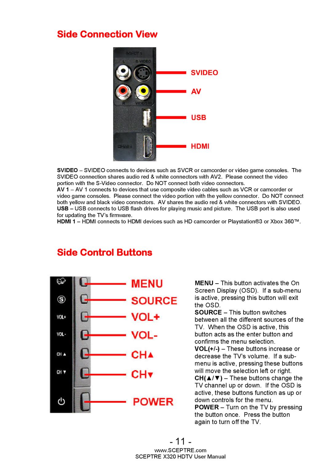 Sceptre Technologies X320 user manual Side Connection View, Side Control Buttons 